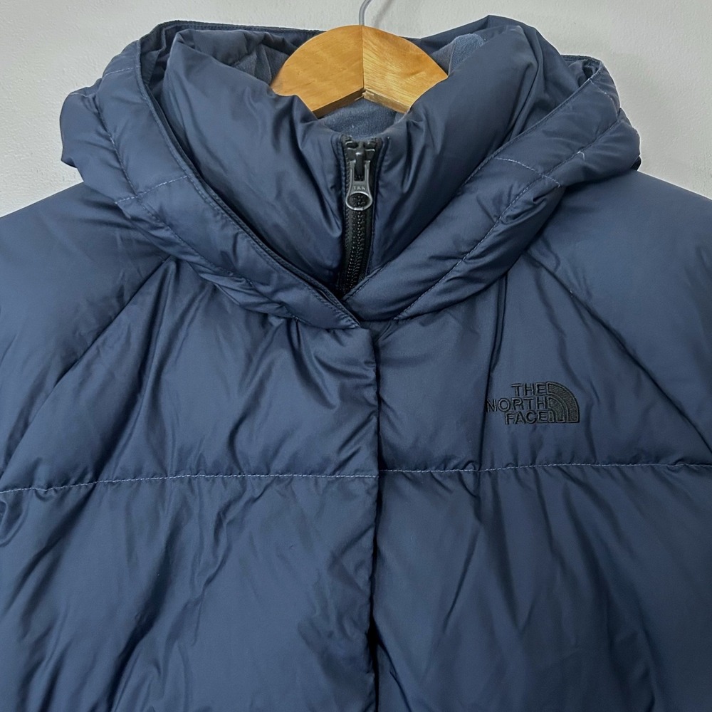 The North Face 550 Down Puffer Jacket Womens L Navy Blue Hooded Winter Ski Coat